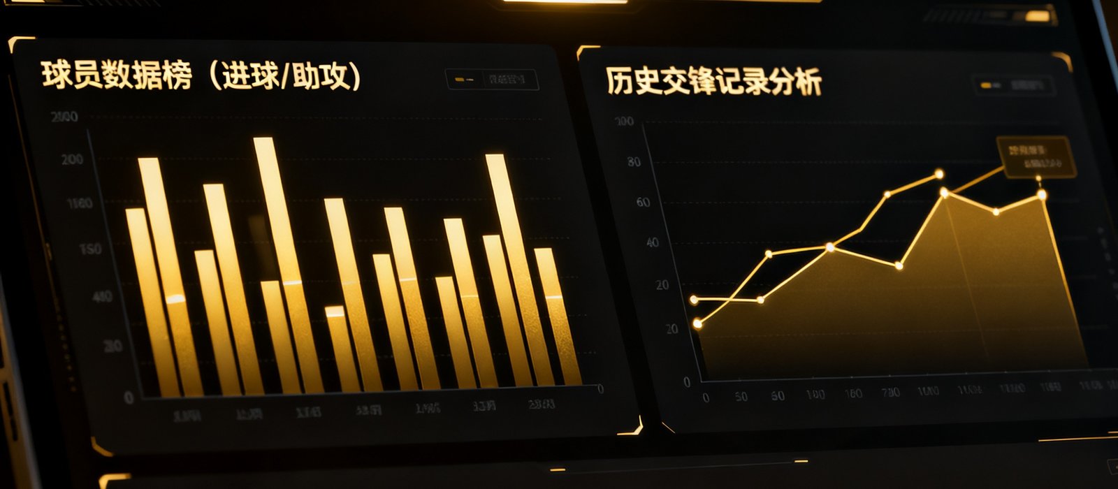 世界杯数据统计仪表盘展示球队排名、球员数据榜和历史交锋记录的深度分析界面，深色主题配金色数据高亮，包含折线图和柱状图